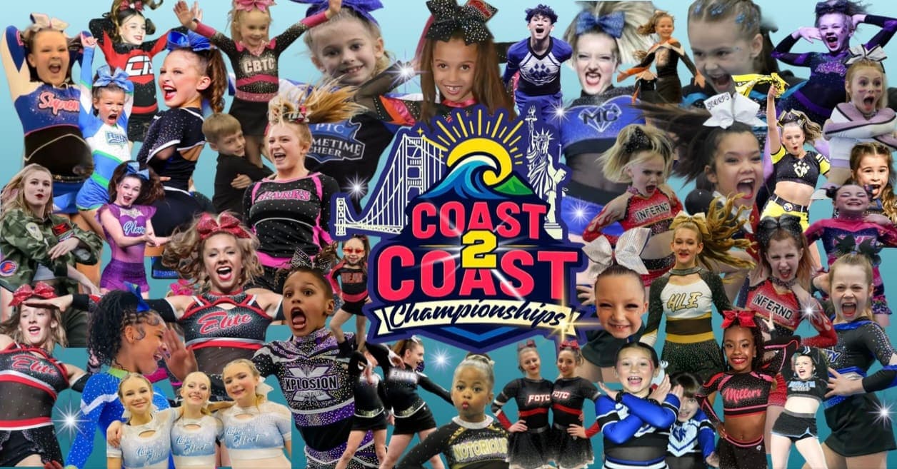 Coast2Coast cheer and dance athletes gathered around the championships logo