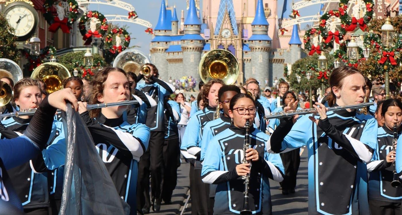 A marching band performing in Stanbury uniforms