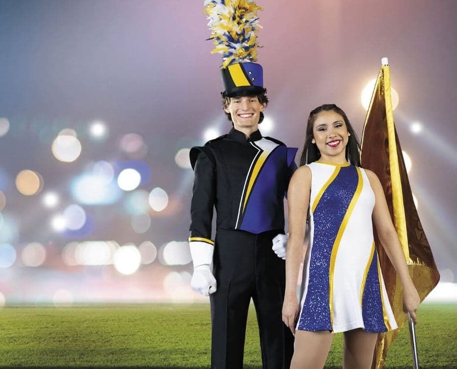 A drum major and color guard member in Stanbury performance uniforms